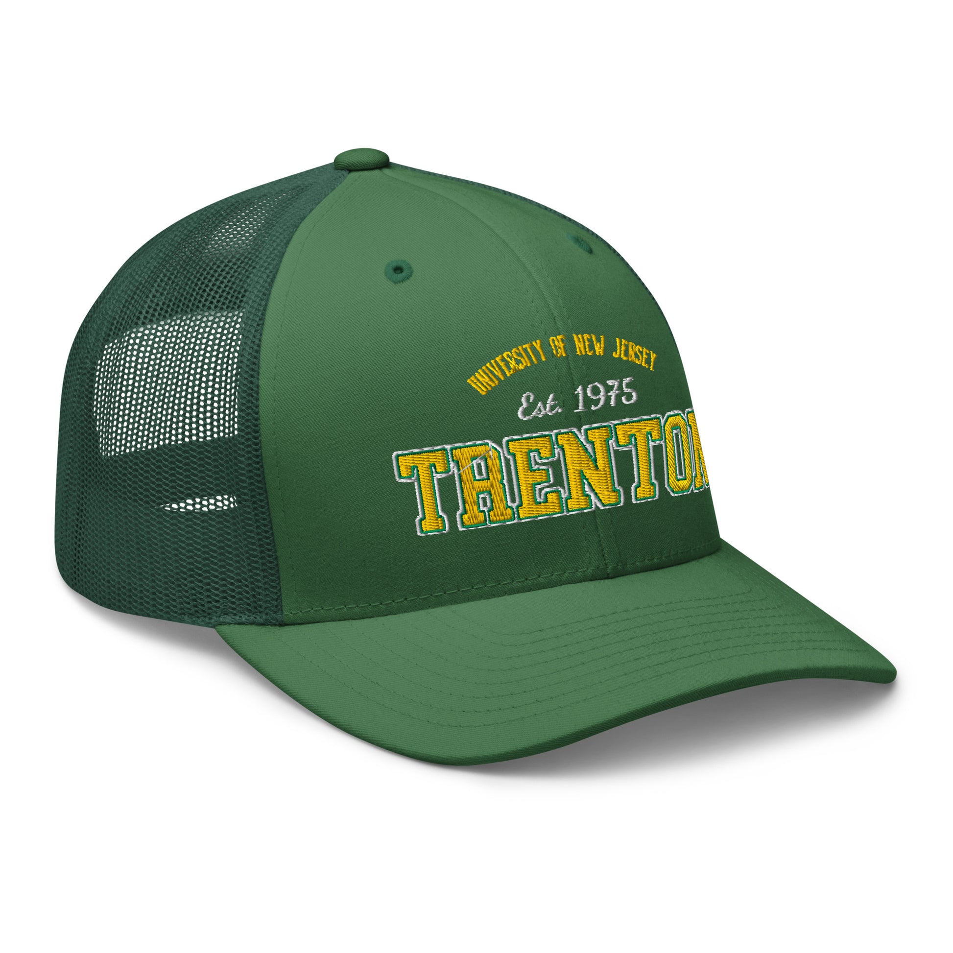 Green trucker cap with "Trenton Est. 1975" embroidery.