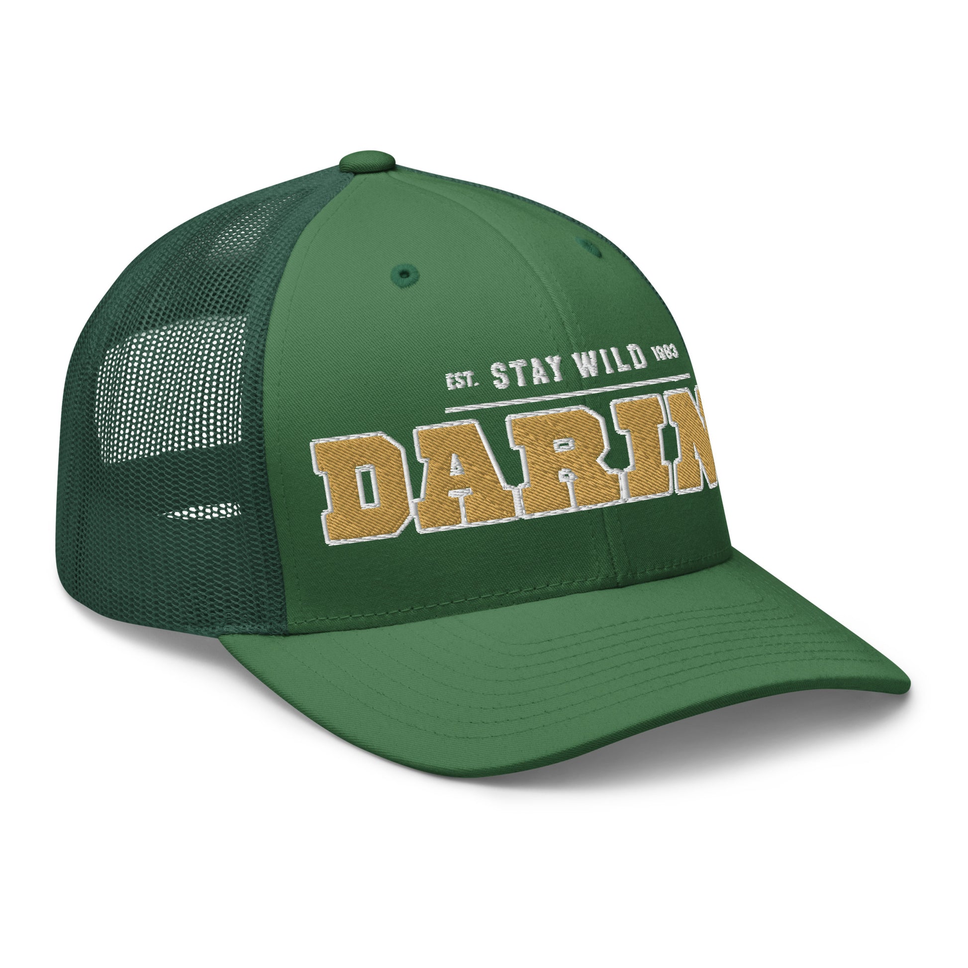 Green trucker cap with "DARI" and "EST. STAY WILD 1983" embroidered on the front.