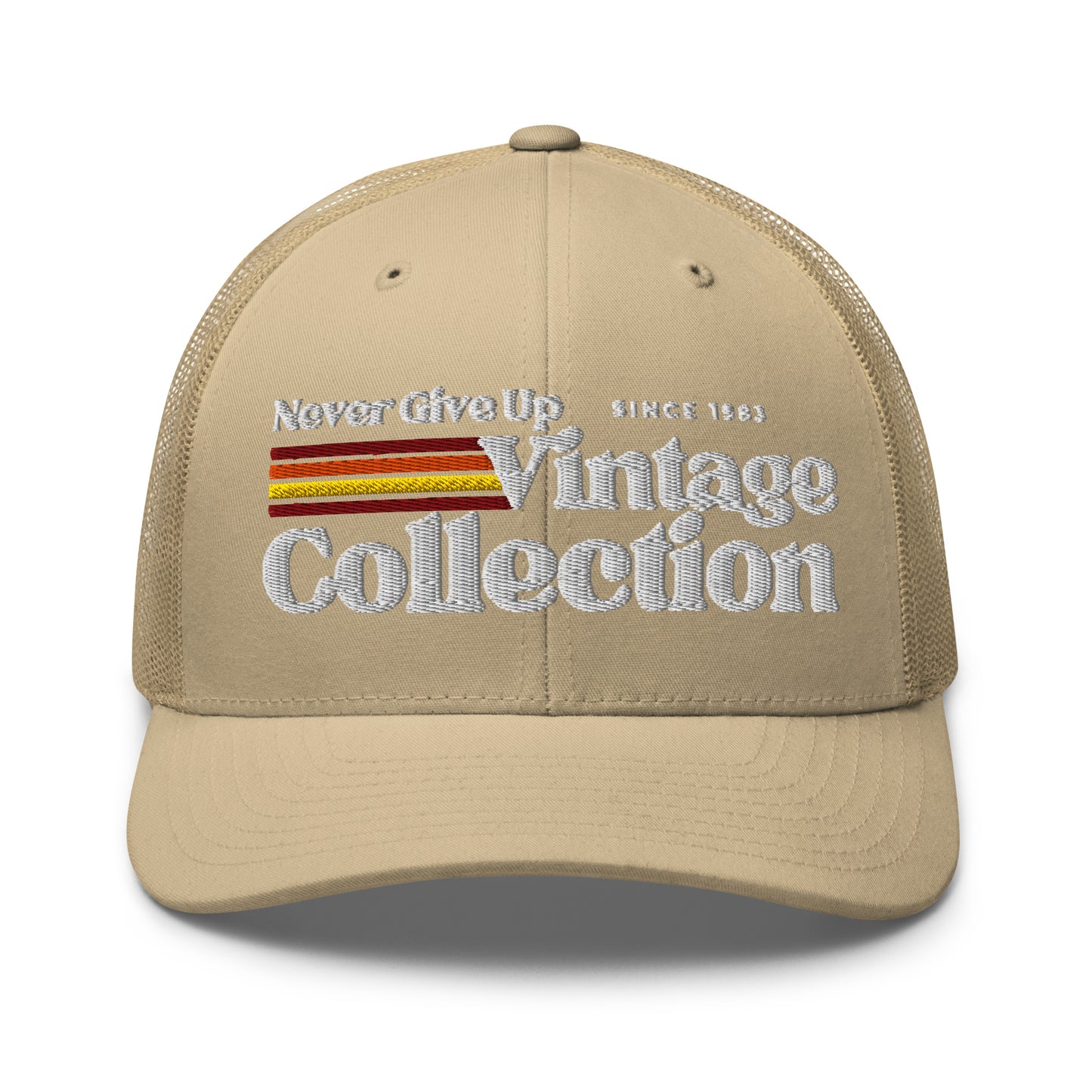 Retro Collection Trucker Cap with embroidered text and stripes.