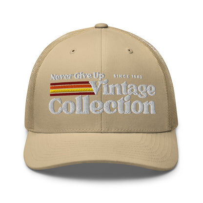 Retro Collection Trucker Cap with embroidered text and stripes.