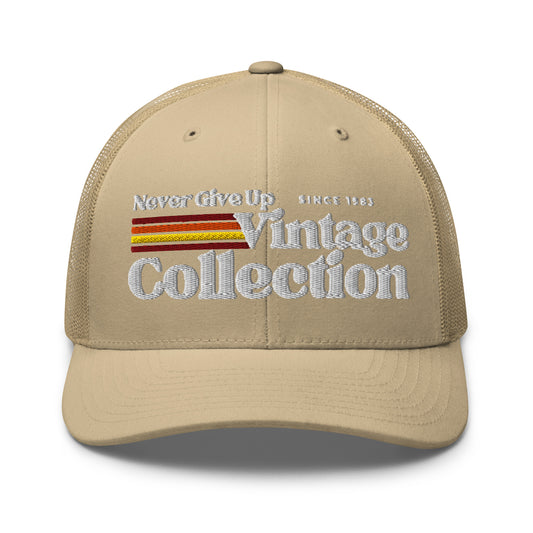 Retro Collection Trucker Cap with embroidered text and stripes.