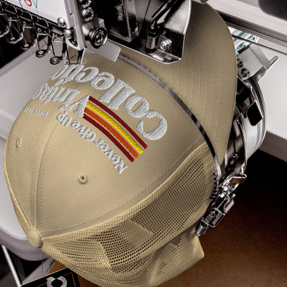 Retro Collection Trucker Cap with embroidered text and stripes.