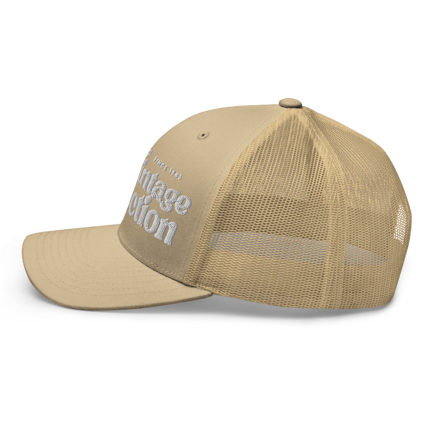 Retro Collection Trucker Cap in tan with white embroidery.