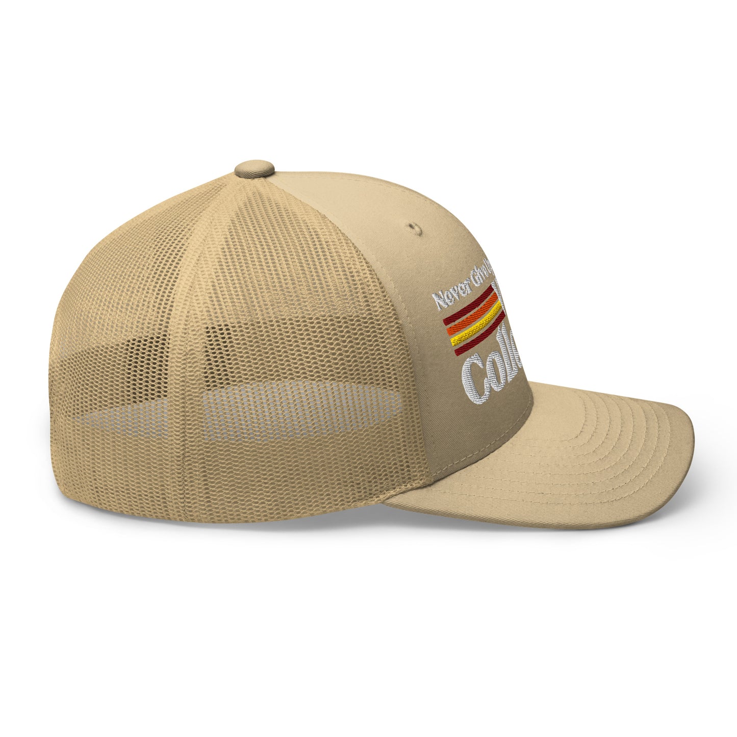 Tan trucker cap with embroidered "Colorado" and stripes.