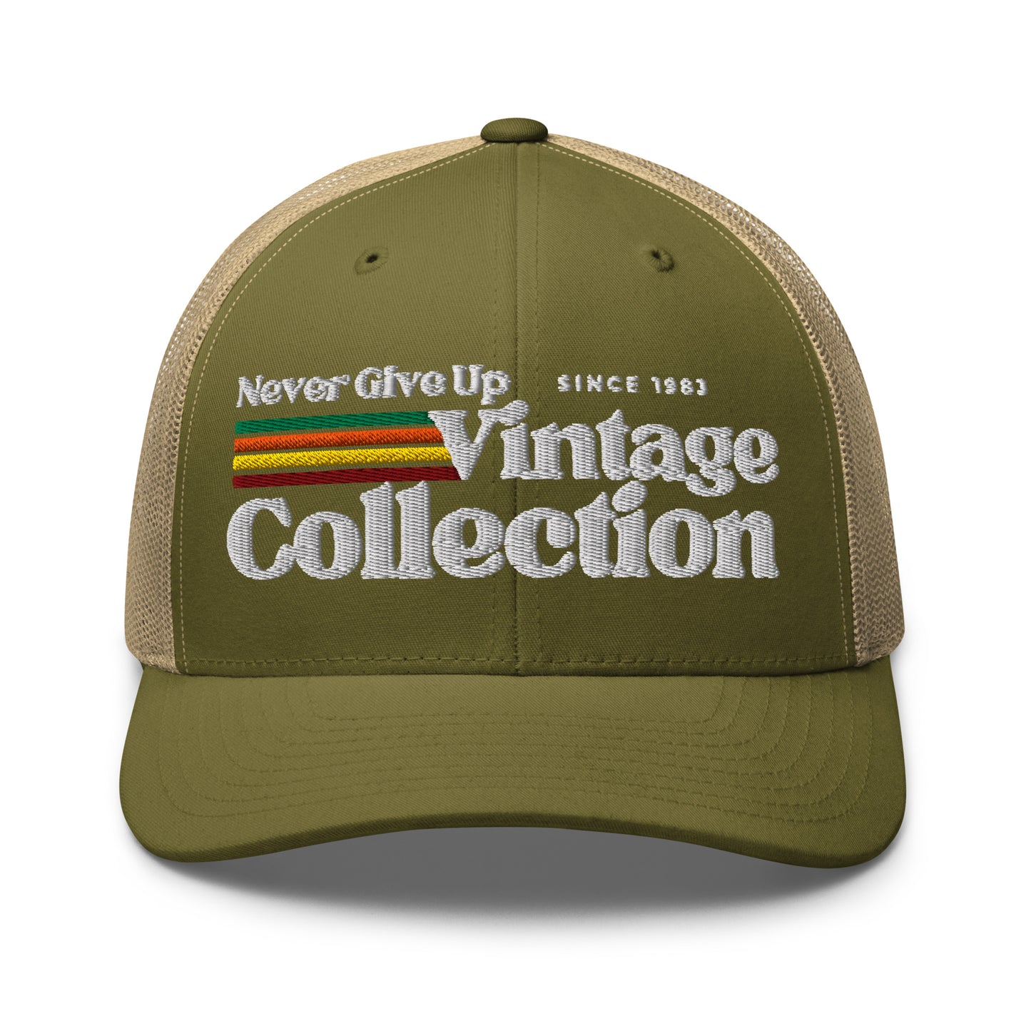 Retro Collection Trucker Cap with embroidered text and stripes.