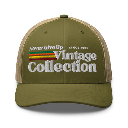 Retro Collection Trucker Cap with embroidered text and stripes.