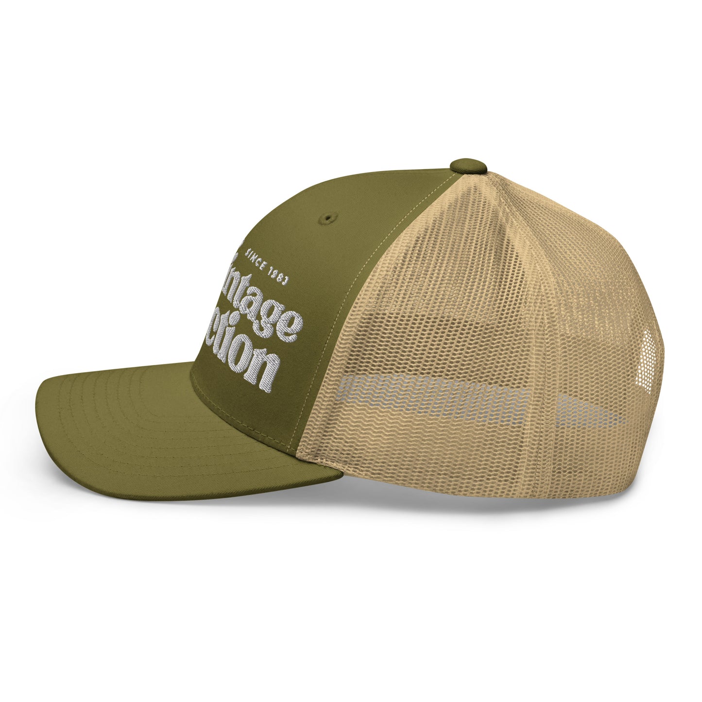 Retro Collection Trucker Cap in olive green with white embroidery and a tan mesh back.