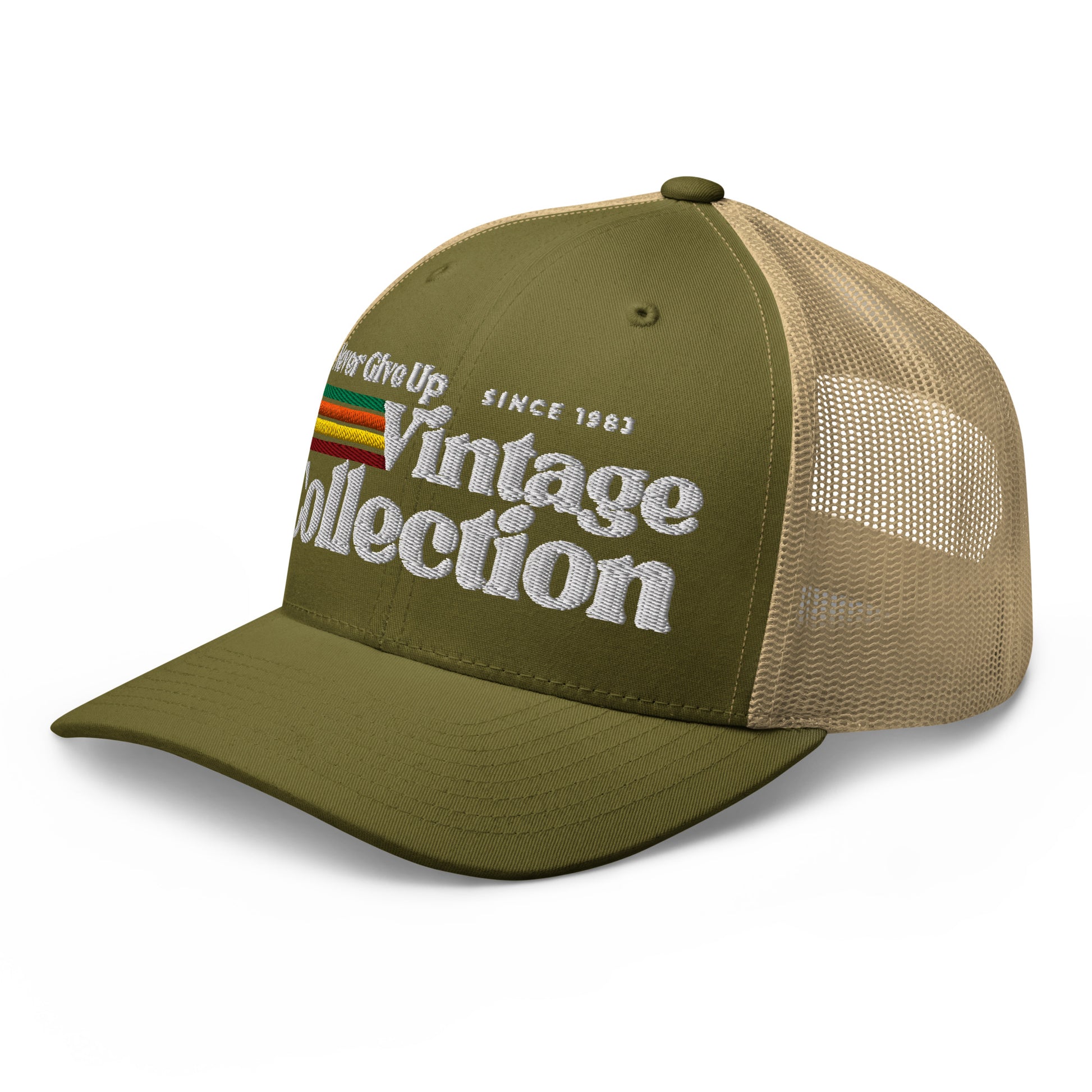 Retro Collection trucker cap with embroidered text and stripes.