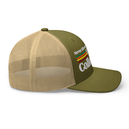 Retro Collection Trucker Cap with mesh back and embroidered text.