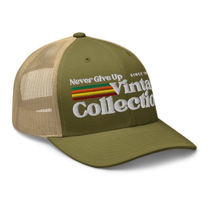 Retro Collection Trucker Cap with embroidered text and stripes.