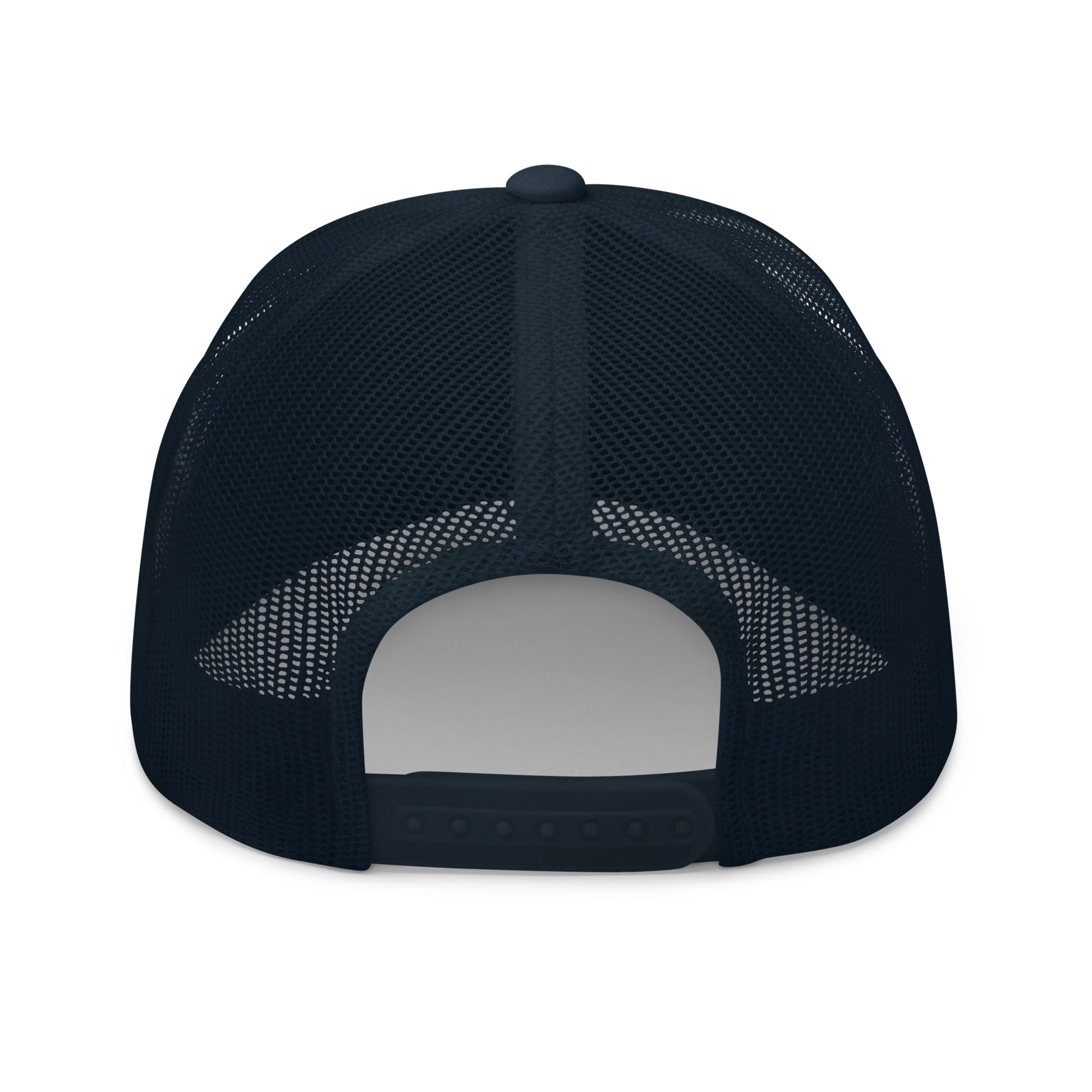 Dark blue East Oakland University trucker cap with mesh back.