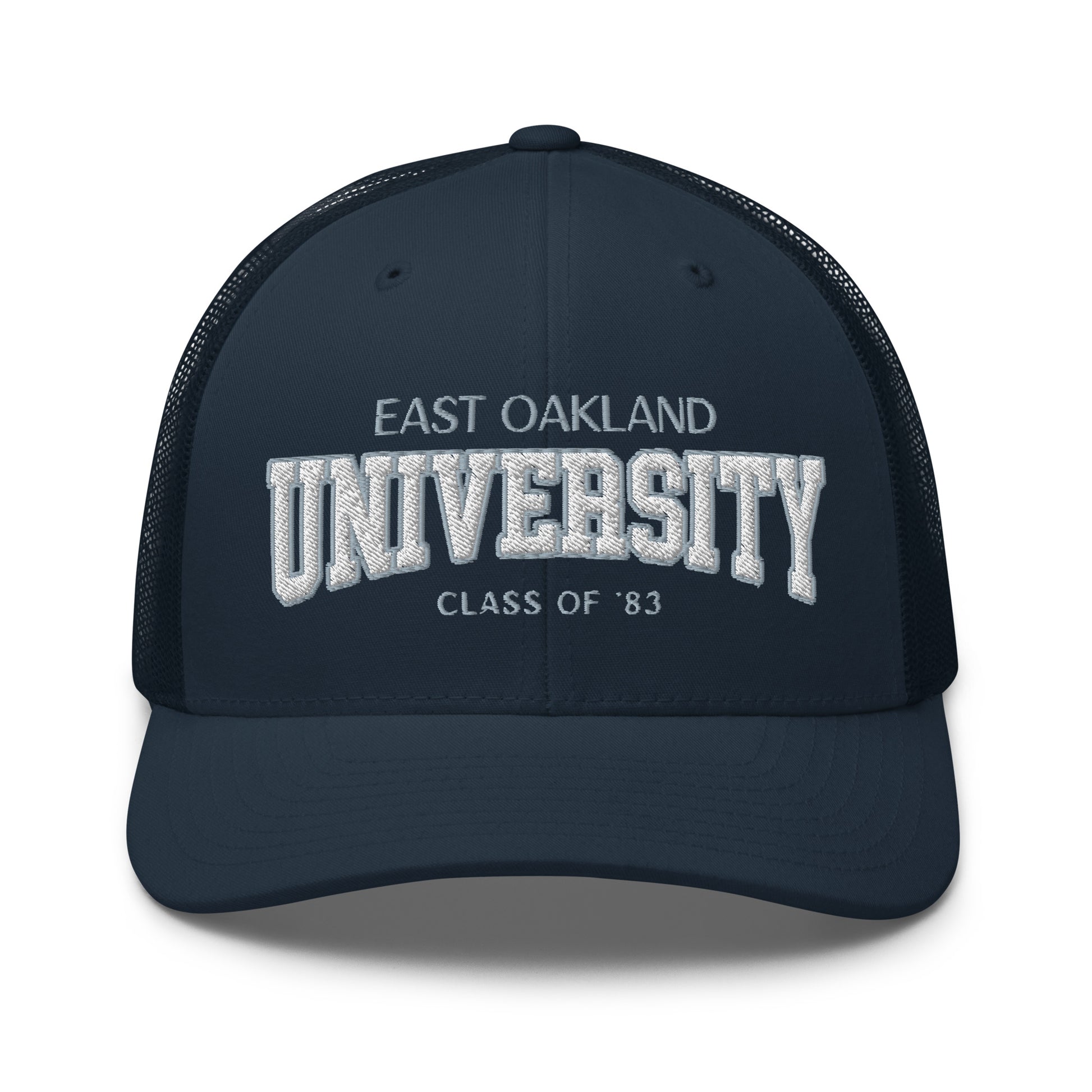 East Oakland University trucker cap with embroidered text.