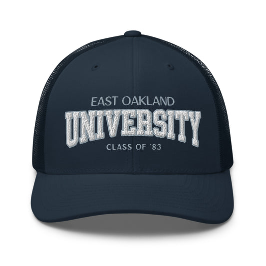 East Oakland University trucker cap with embroidered text.