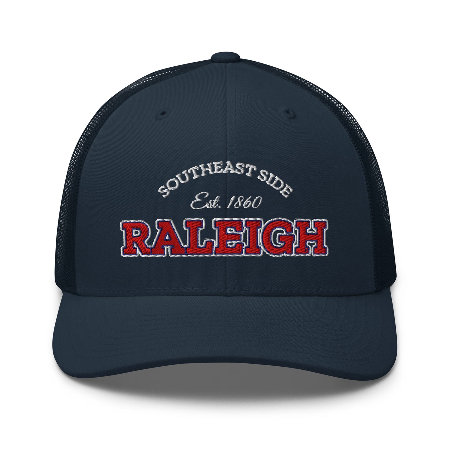 Navy blue trucker cap with "Raleigh" and "Southeast Side Est. 1860" embroidered on the front.