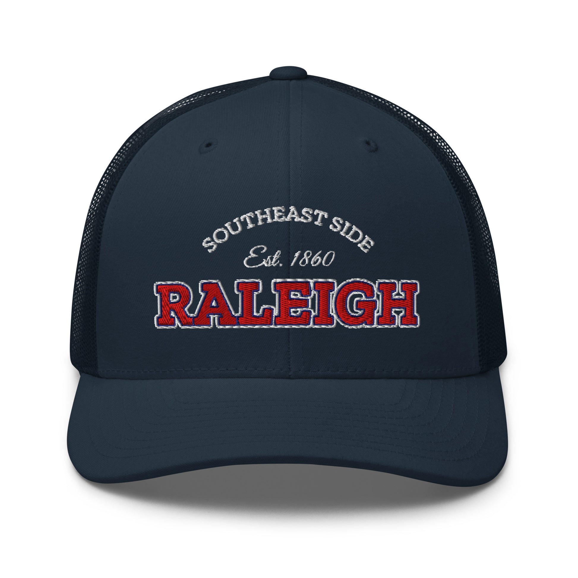 Navy blue trucker cap with "Raleigh" and "Southeast Side Est. 1860" embroidered on the front.