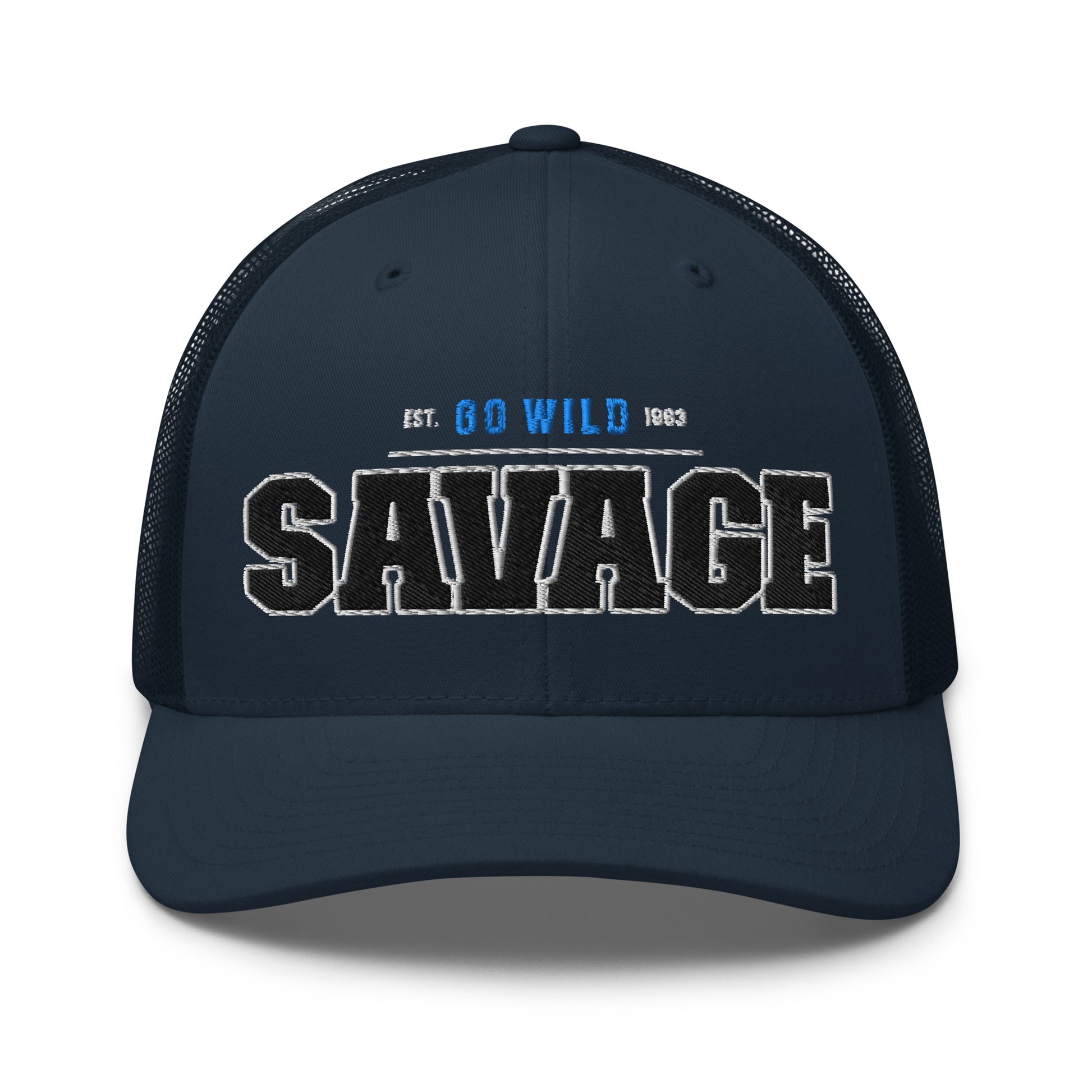 Navy blue trucker cap with "SAVAGE" embroidered in black and white.