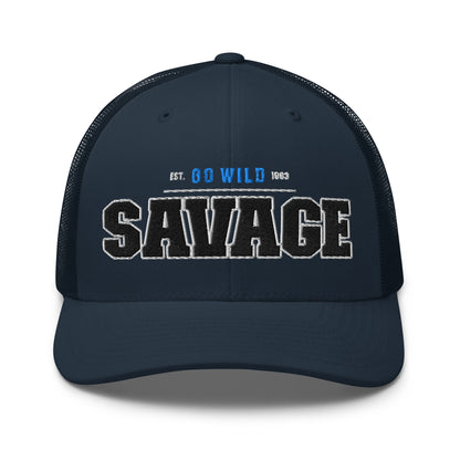 Navy blue trucker cap with "SAVAGE" embroidered in black and white.