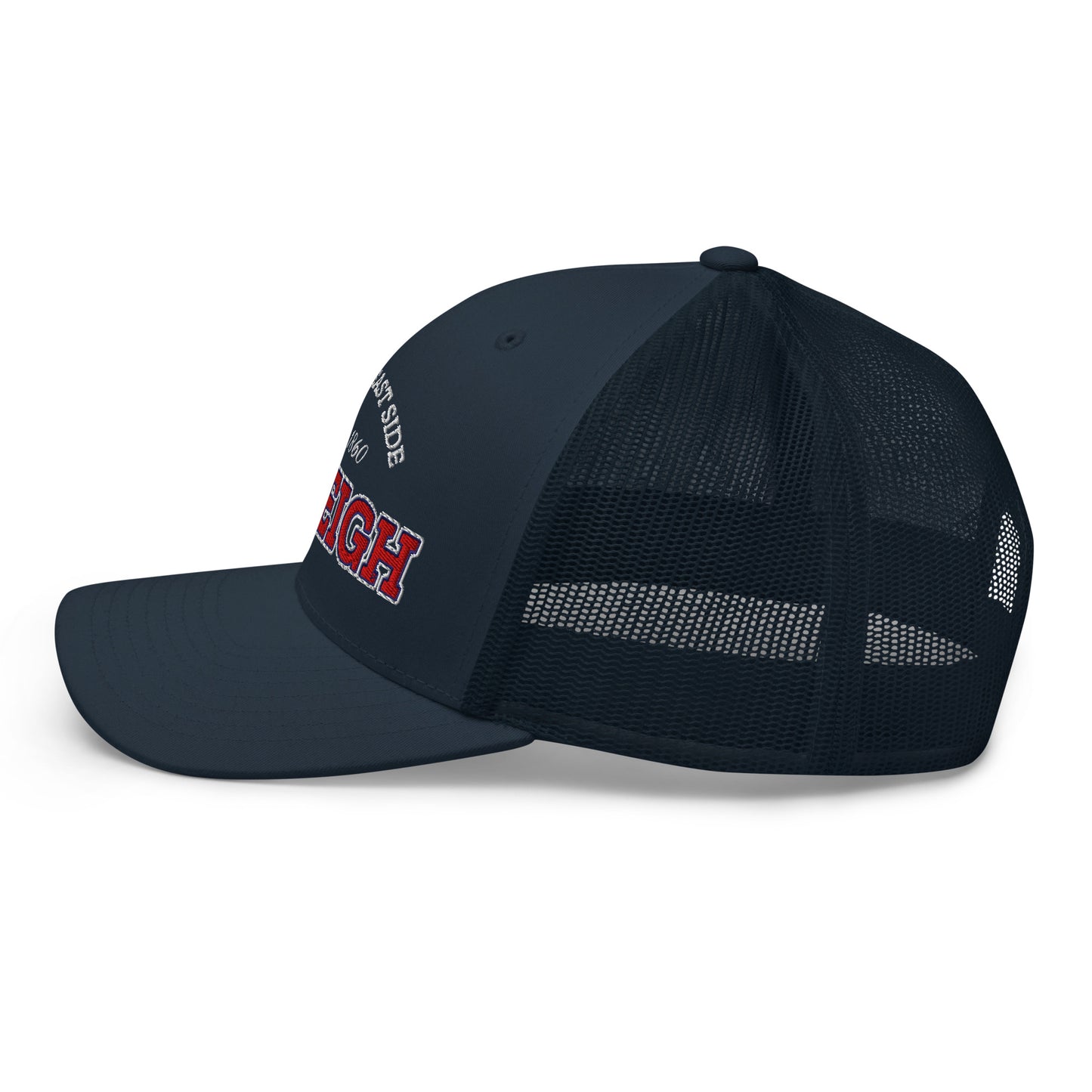 Navy blue trucker cap with "Southside Est. 1860" and "Raleigh Warriors Athletic Club" embroidered on the front.