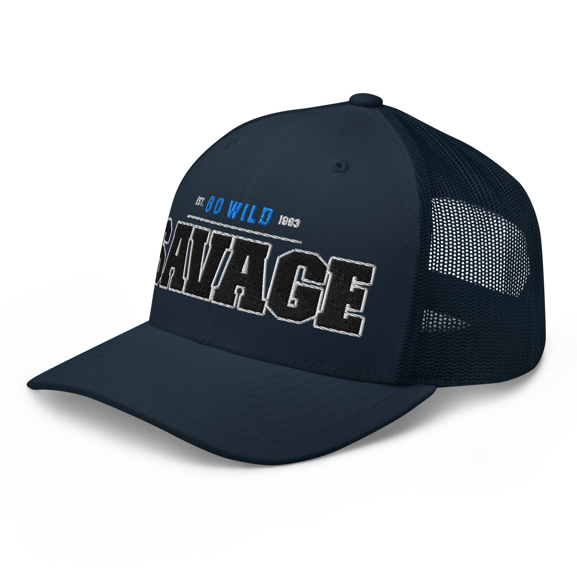 Navy blue trucker cap with "SAVAGE" embroidered on the front.