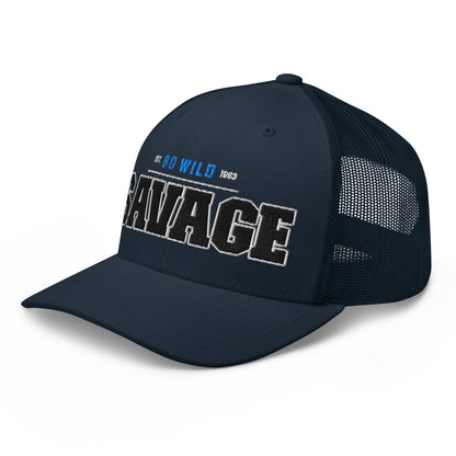 Navy blue trucker cap with "SAVAGE" embroidered on the front.