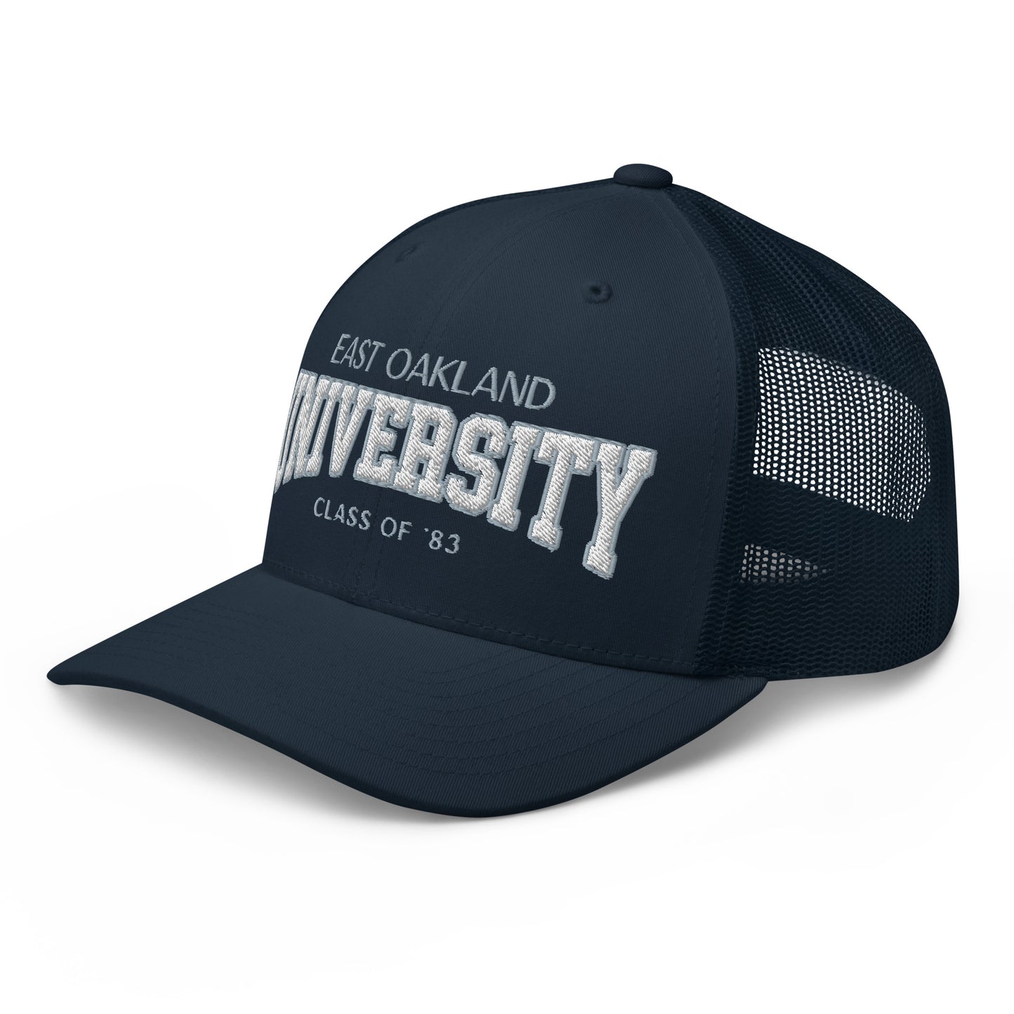 Navy East Oakland University trucker cap with white embroidery.