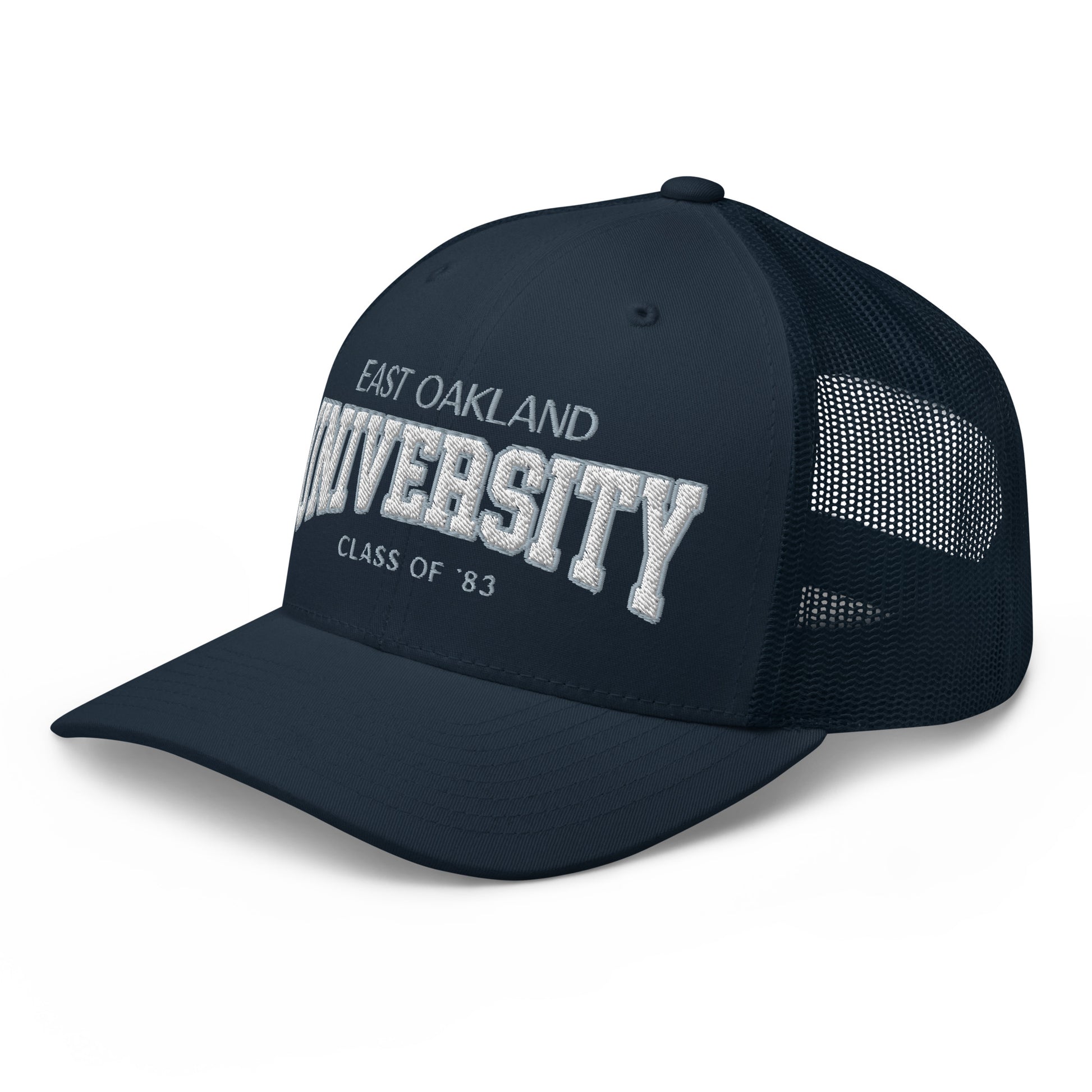 Navy East Oakland University trucker cap with white embroidery.