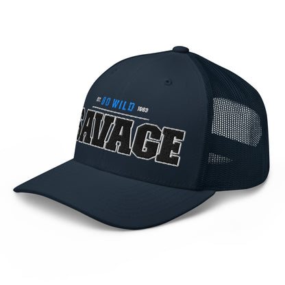 Navy blue trucker cap with "SAVAGE" embroidered on the front.