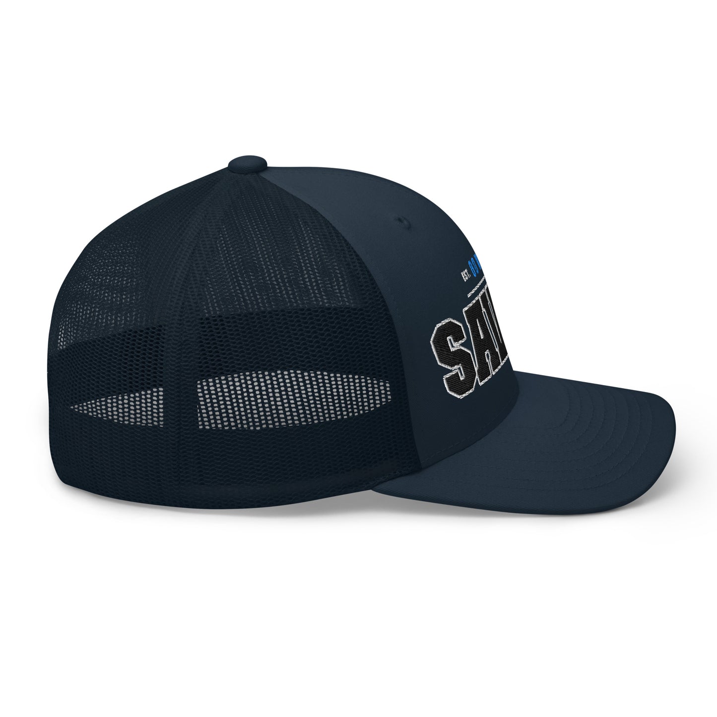 Navy blue trucker cap with "SA" embroidered on the front.