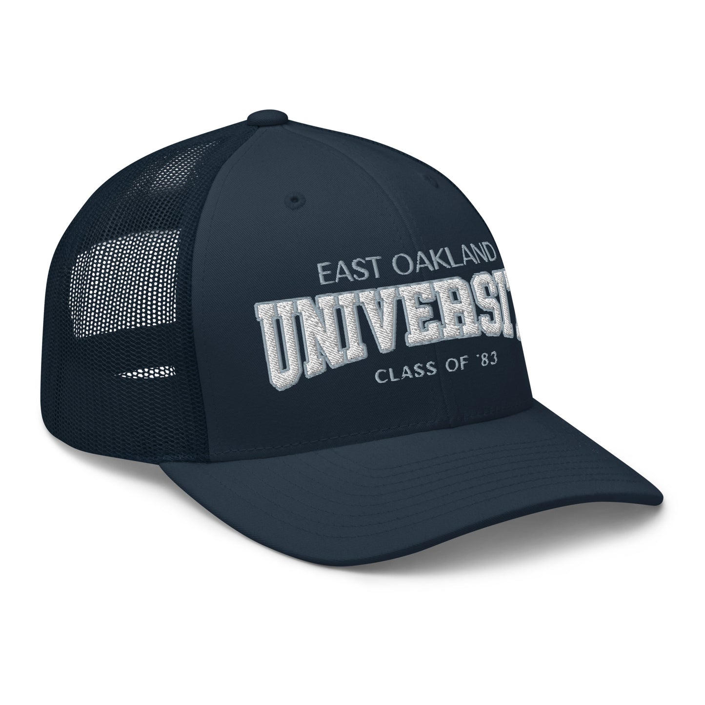 East Oakland University trucker cap with embroidered text.