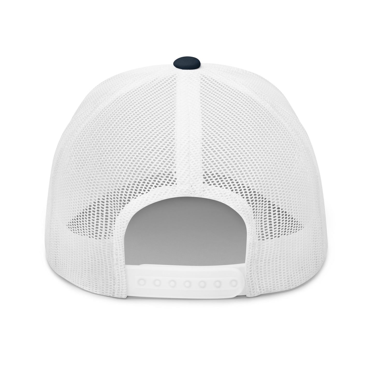 A white mesh trucker cap with a dark blue button on top.