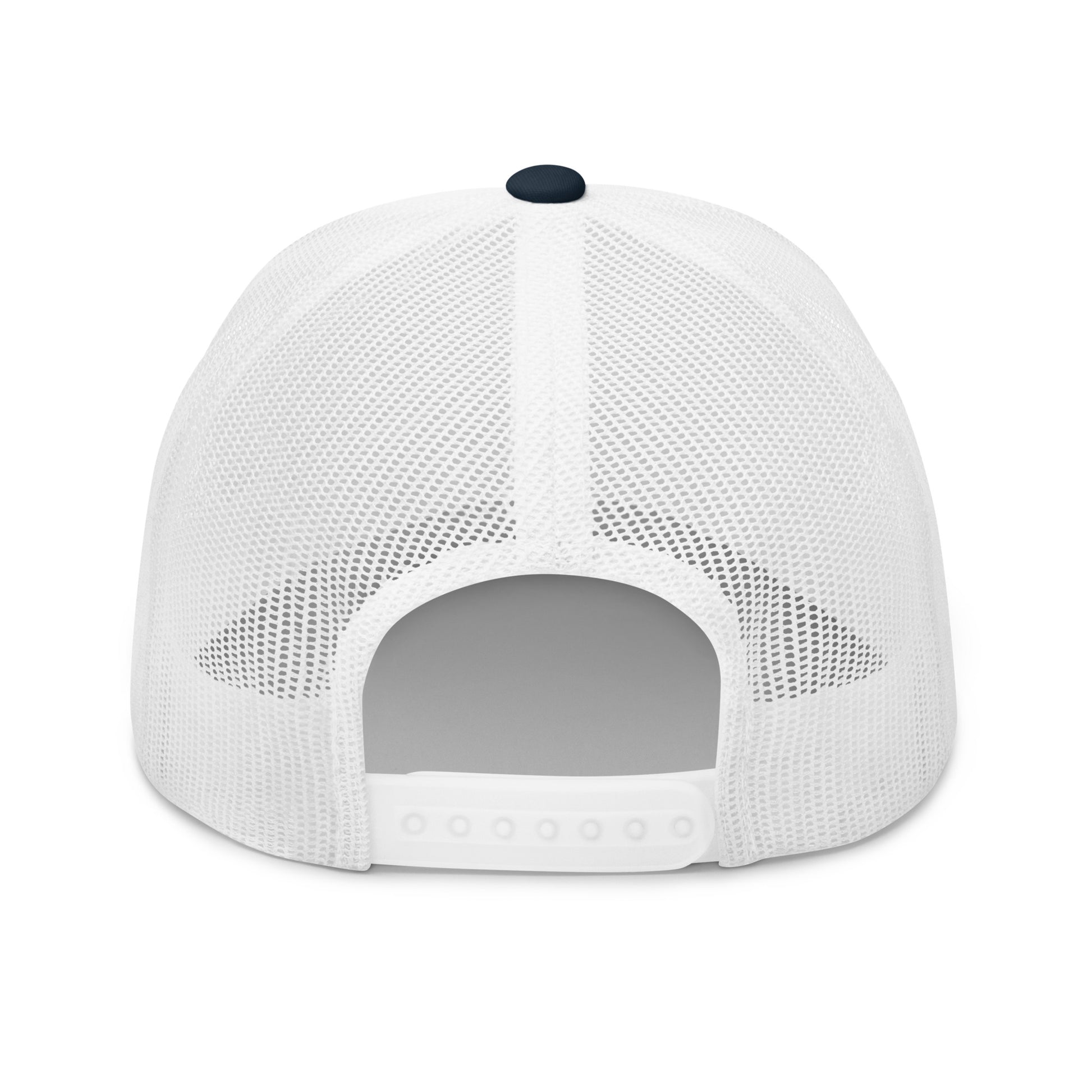 A white mesh trucker cap with a dark blue button on top.