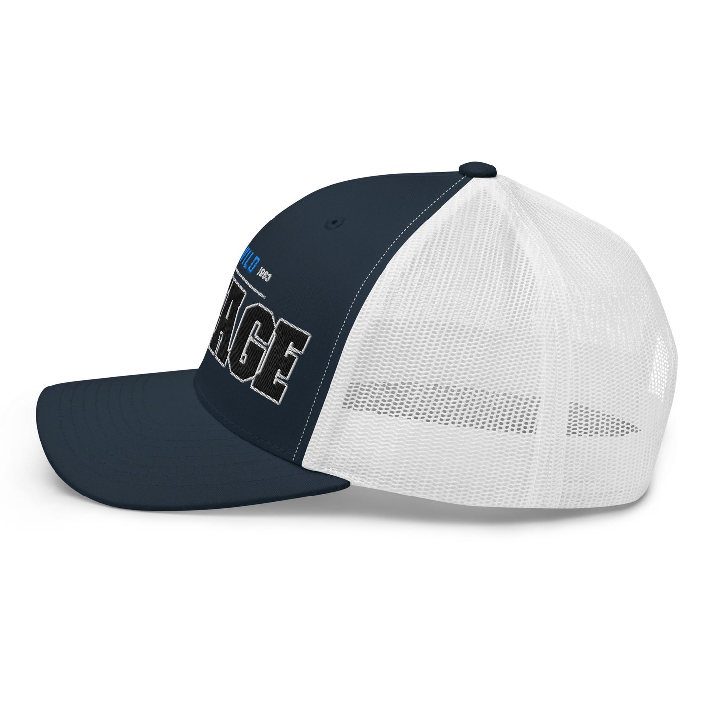Trucker cap with a navy blue front and white mesh back, featuring embroidered text.