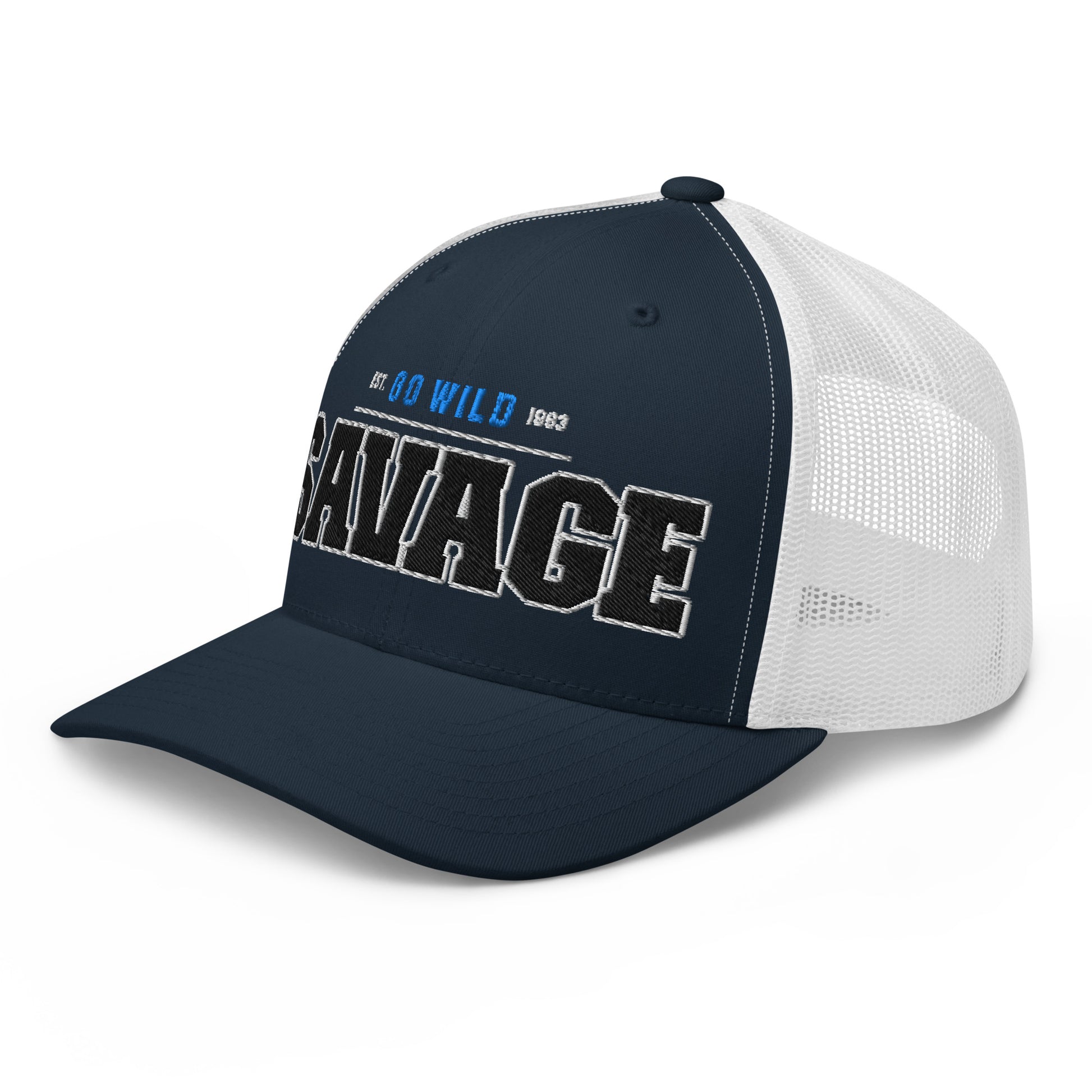 A navy blue trucker cap with a white mesh back and "SAVAGE" embroidered on the front.