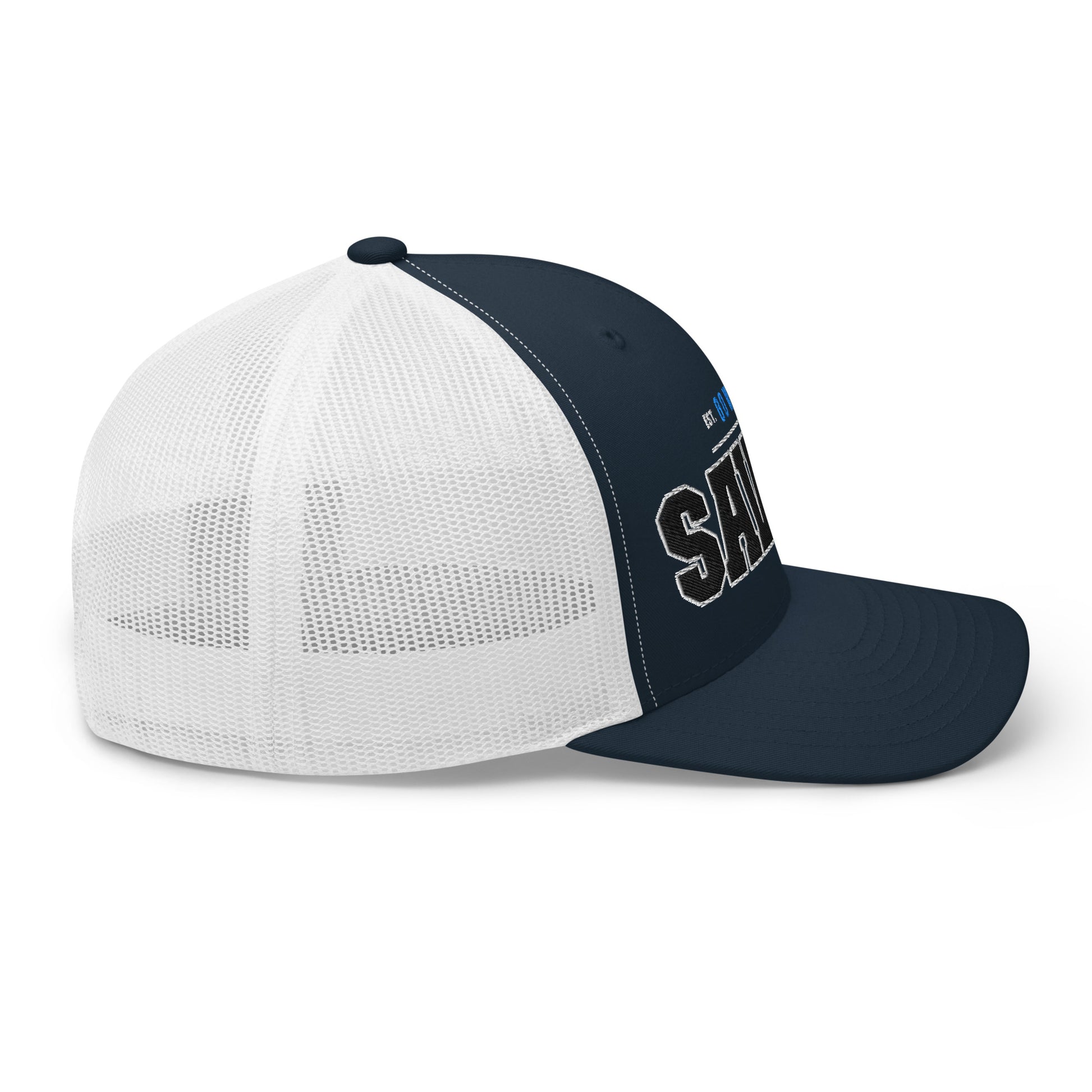 Trucker cap with a navy blue front and white mesh back, featuring "SA" embroidered on the front.