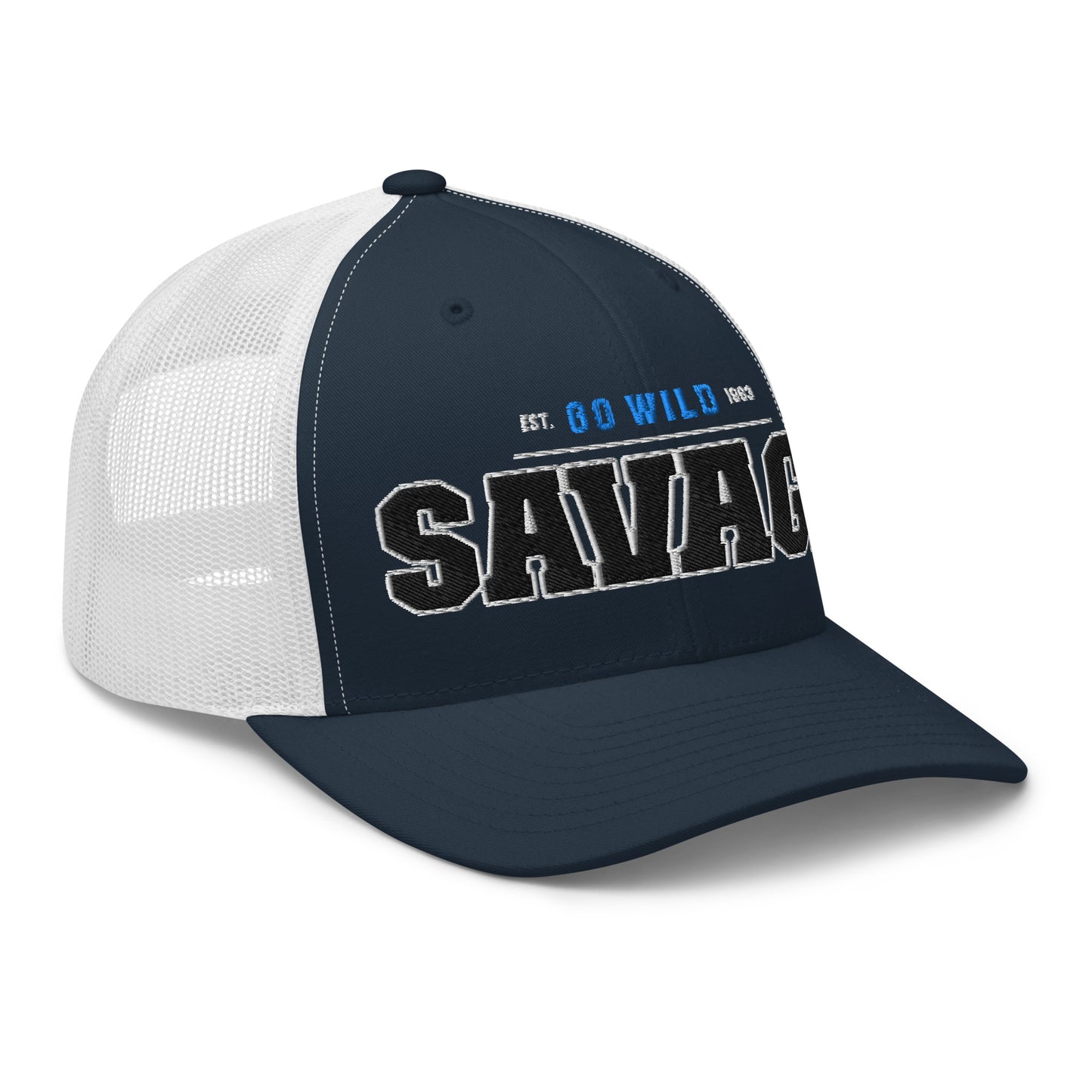 A navy blue trucker cap with a white mesh back and "SAVAGE" embroidered on the front.