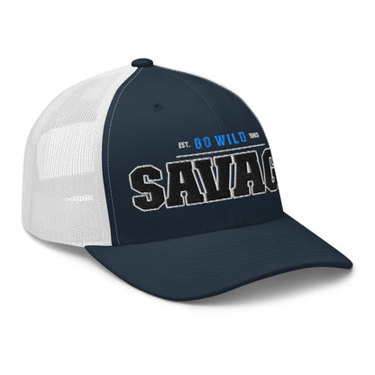 A navy blue trucker cap with a white mesh back and "SAVAGE" embroidered on the front.