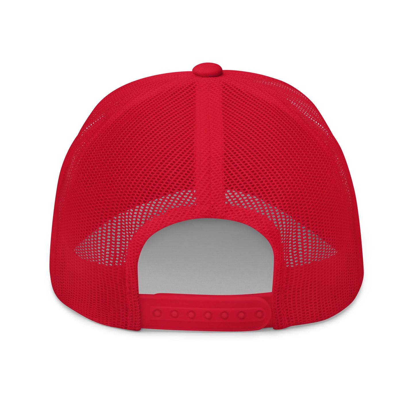 Red trucker cap with mesh back and adjustable strap.