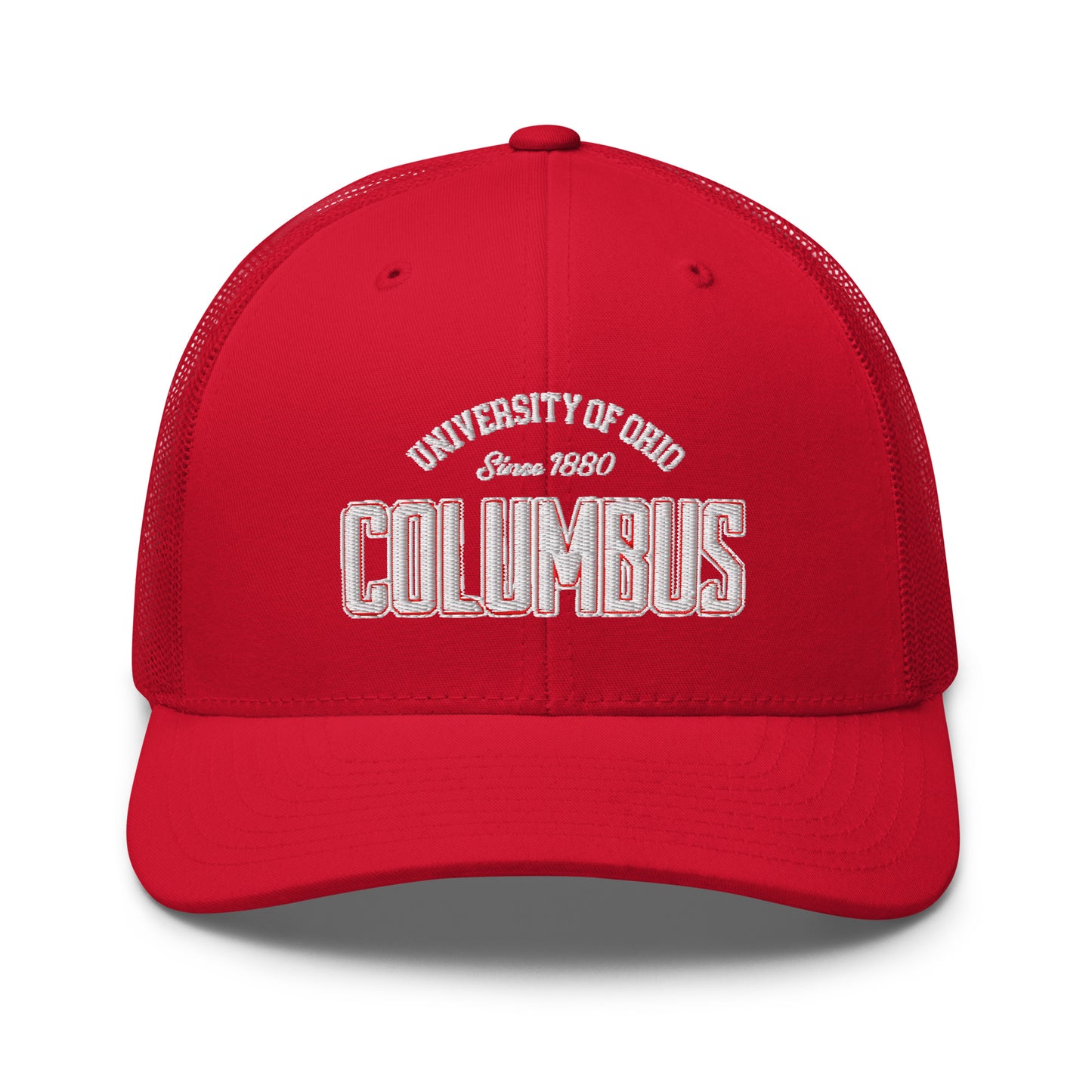 Red trucker cap with "University of Ohio Columbus" embroidered on the front.