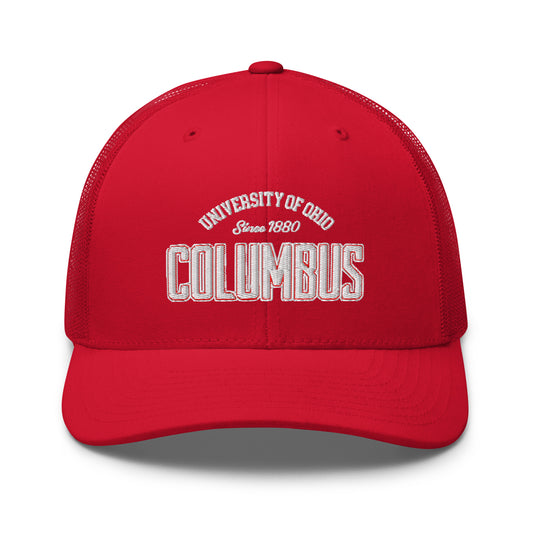 Red trucker cap with "University of Ohio Columbus" embroidered on the front.