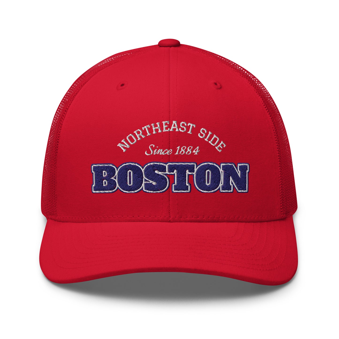 Red trucker cap with "Northeast Side Boston Since 1884" embroidered on the front.
