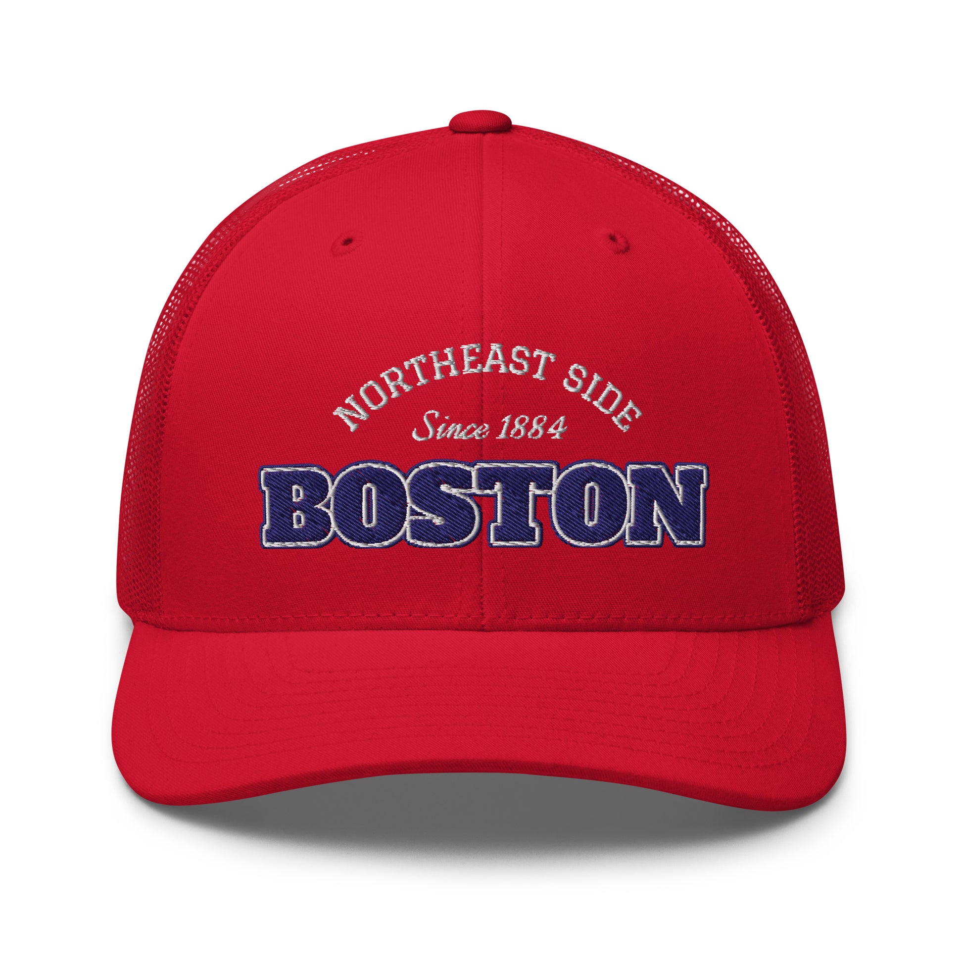 Red trucker cap with "Northeast Side Boston Since 1884" embroidered on the front.