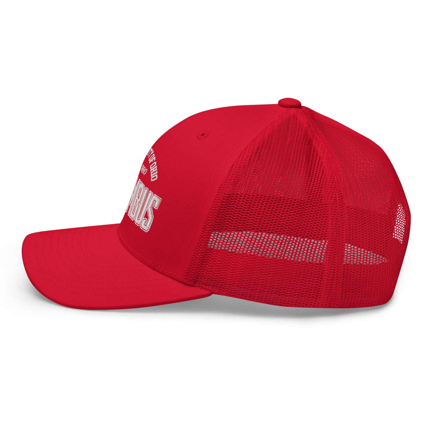 Red trucker cap with "Columbus" and "University of Ohio" text.