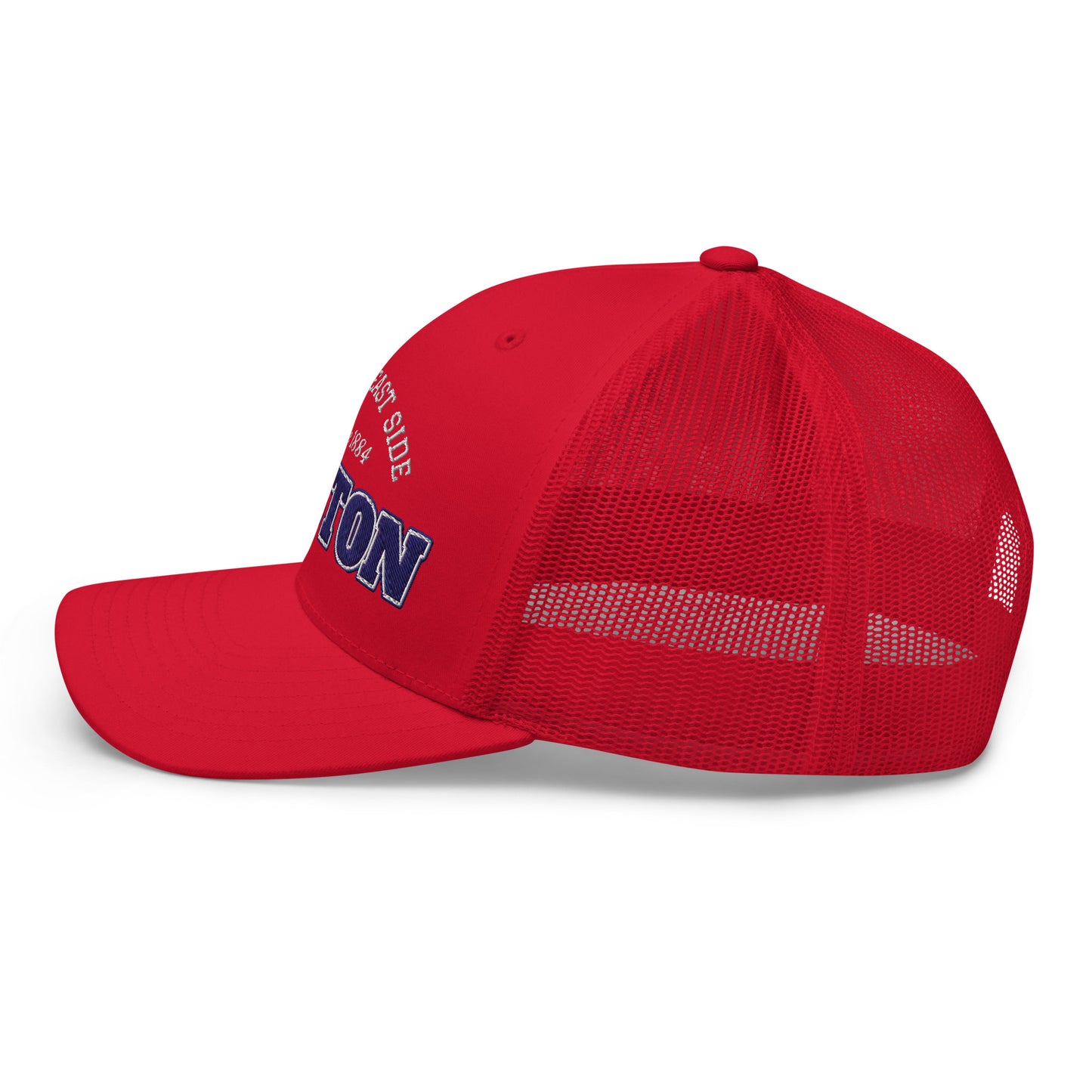 Red trucker cap with "EAST SIDE 1884 TON" embroidered on the front.
