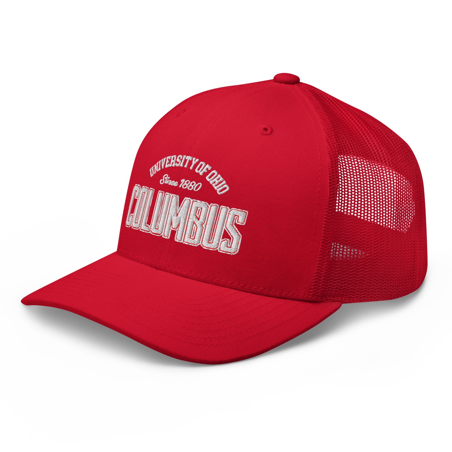 Red trucker cap with "Columbus University of Ohio Since 1880" embroidery.
