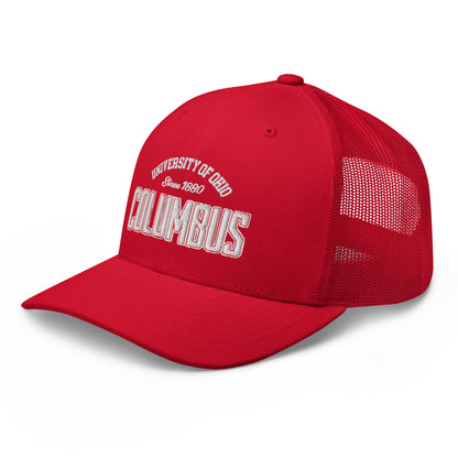 Red trucker cap with "Columbus University of Ohio Since 1880" embroidery.