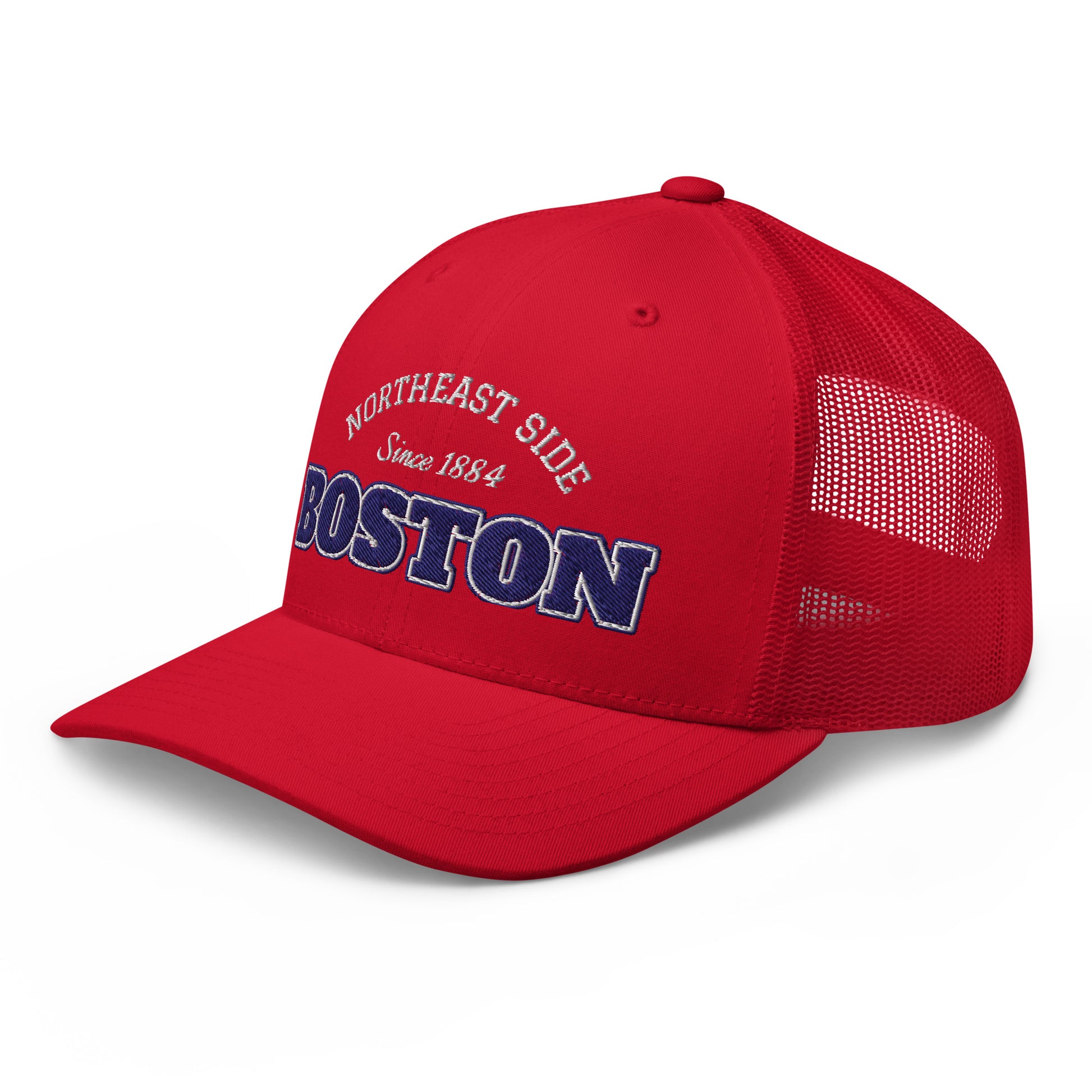 Red trucker cap with "Boston Northeast Side Since 1884" embroidered on the front.