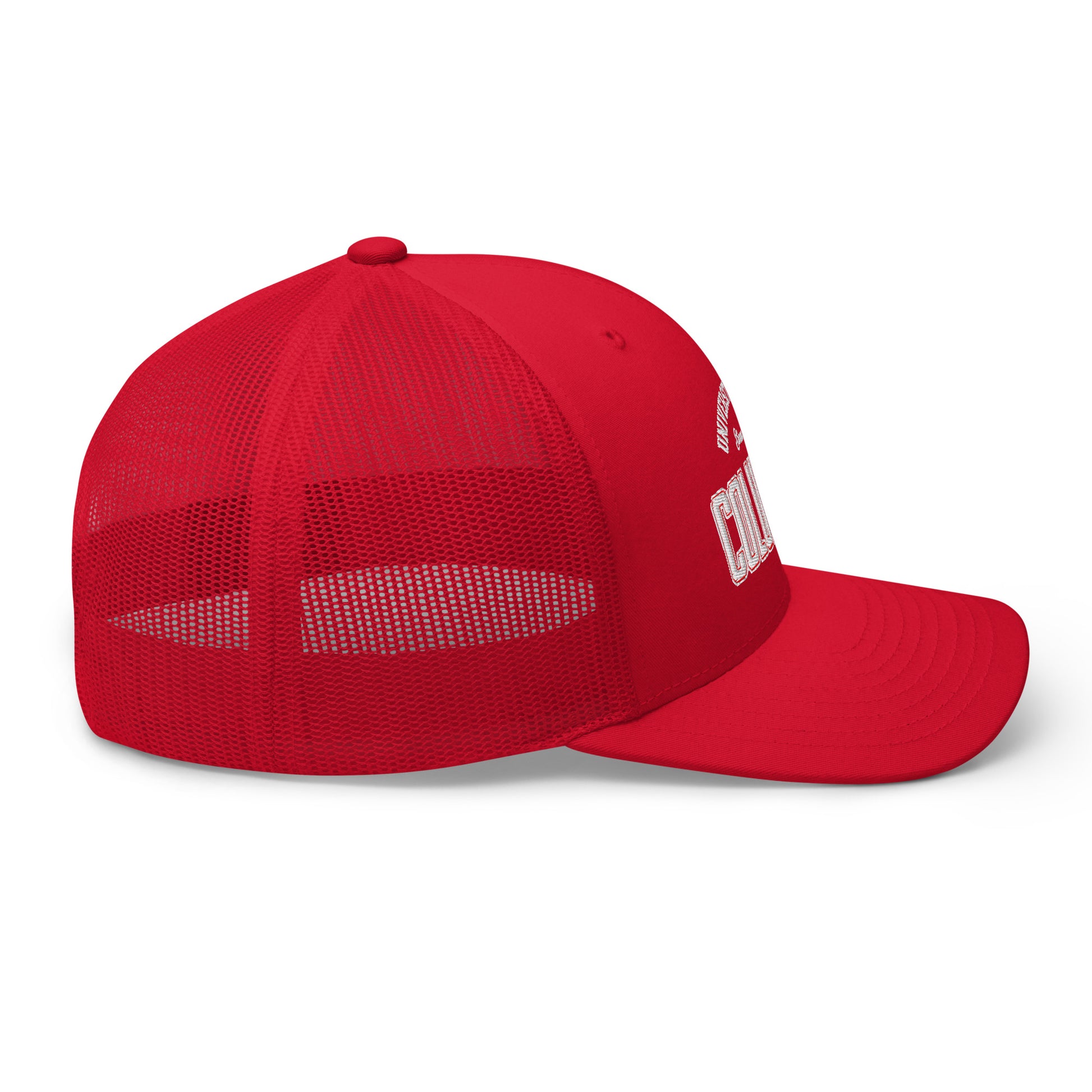 Red Columbus Athletic Club trucker cap with white embroidery.