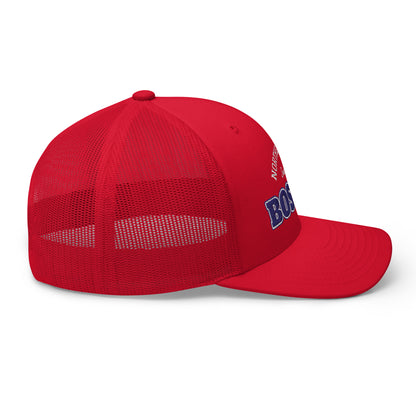 Red trucker cap with "Boston Hawks" embroidered on the side.
