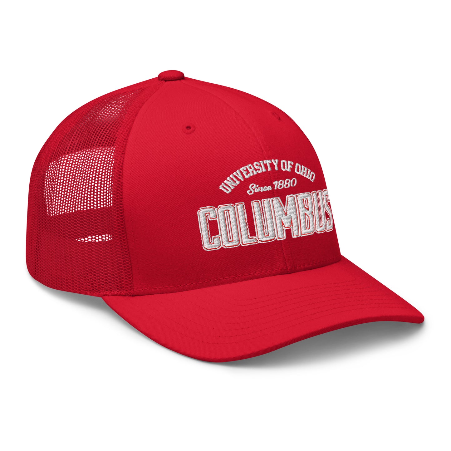 Red trucker cap with "University of Ohio Columbus Since 1880" embroidery.