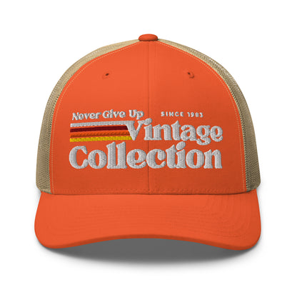 Retro Collection Trucker Cap with embroidered text and stripes.